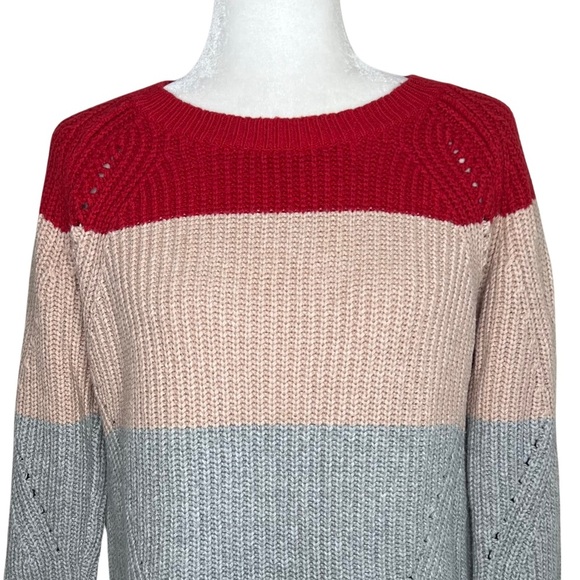 Lucky Brand Sweater Pointelle Crew Neck Pullover Red Pink Gray Cream Medium M - Picture 14 of 15